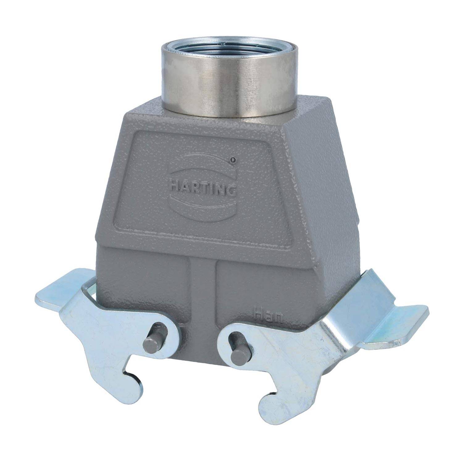 Ein grau-industrielles Anschlussgehäuse mit Harting-Branding, ausgestattet mit einem metallenen Schraubverschluss und zwei seitlichen Haken zur Sicherung von Verbindungen.