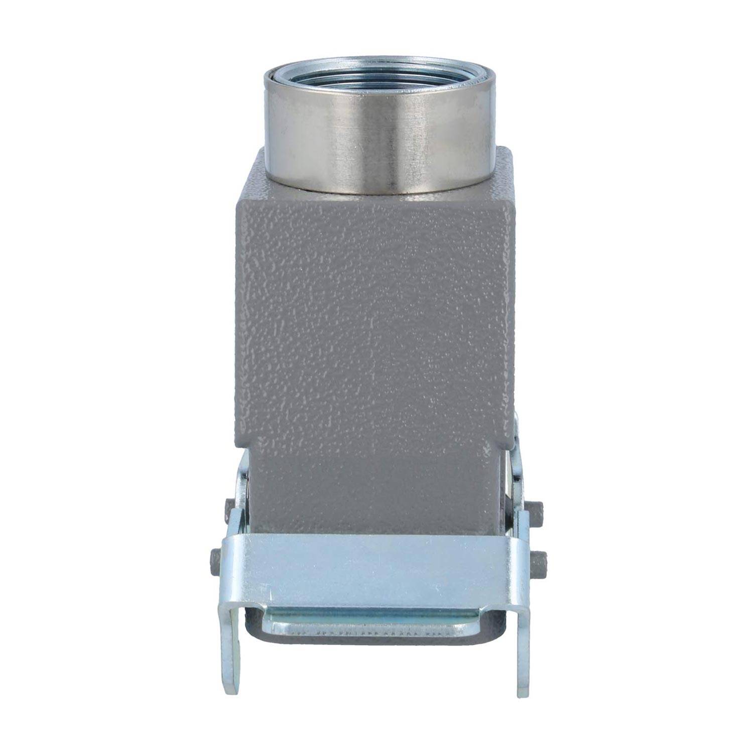 Ein rechteckiger, grauer industrieller Anschlusskomponent mit einer metallischen Gewindebohrung und einer Montagebefestigung an der Basis.