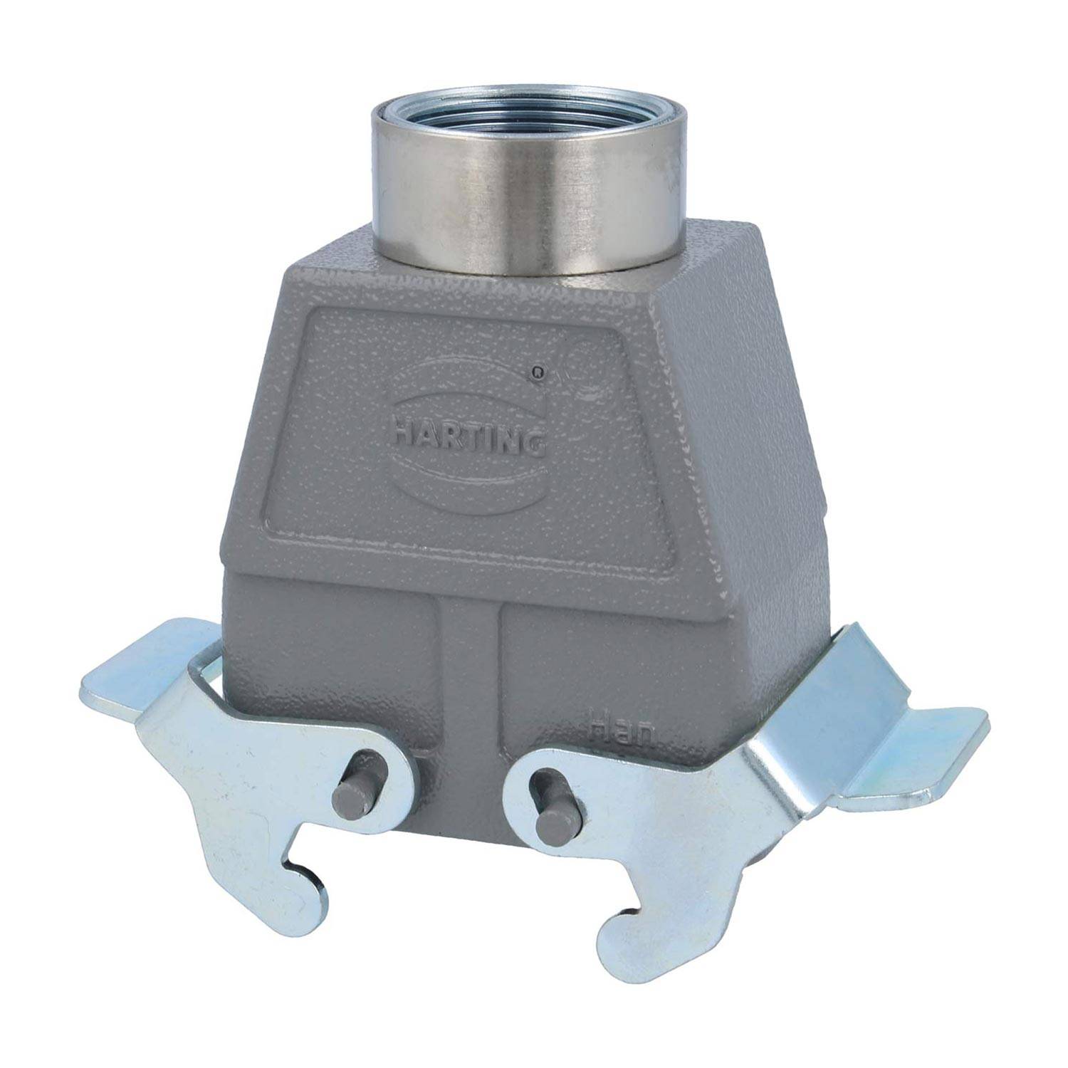 Rechteckiges industrielles Anschlussgehäuse mit Metalllaschen, geprägtem 'Harting' Logo und einer verschraubten Metallöffnung oben.