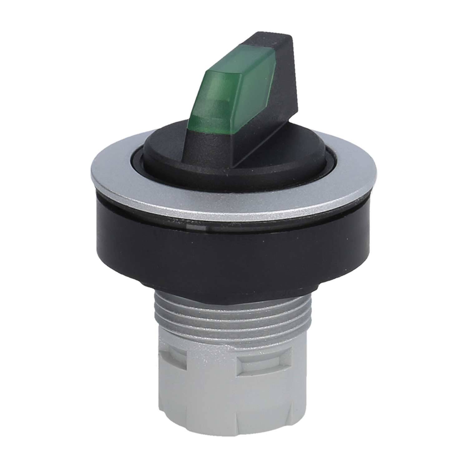 Drehschalter mit grünem Indikator und grauer Basis, für Einbaumontage ausgelegt. Wird zur Steuerung elektrischer Schaltkreise verwendet.