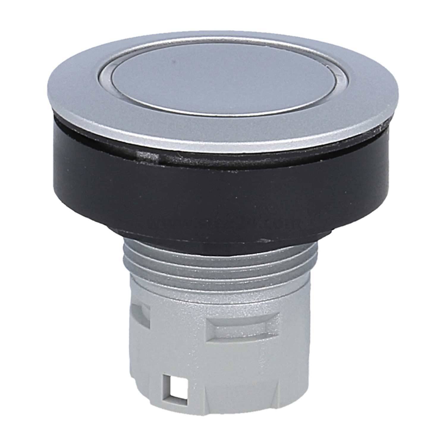 Ein metallischer Drucktaster mit kreisförmigem Design, versehen mit einem schwarzen Ring um den Taster und einer zylindrischen Kunststoffbasis.