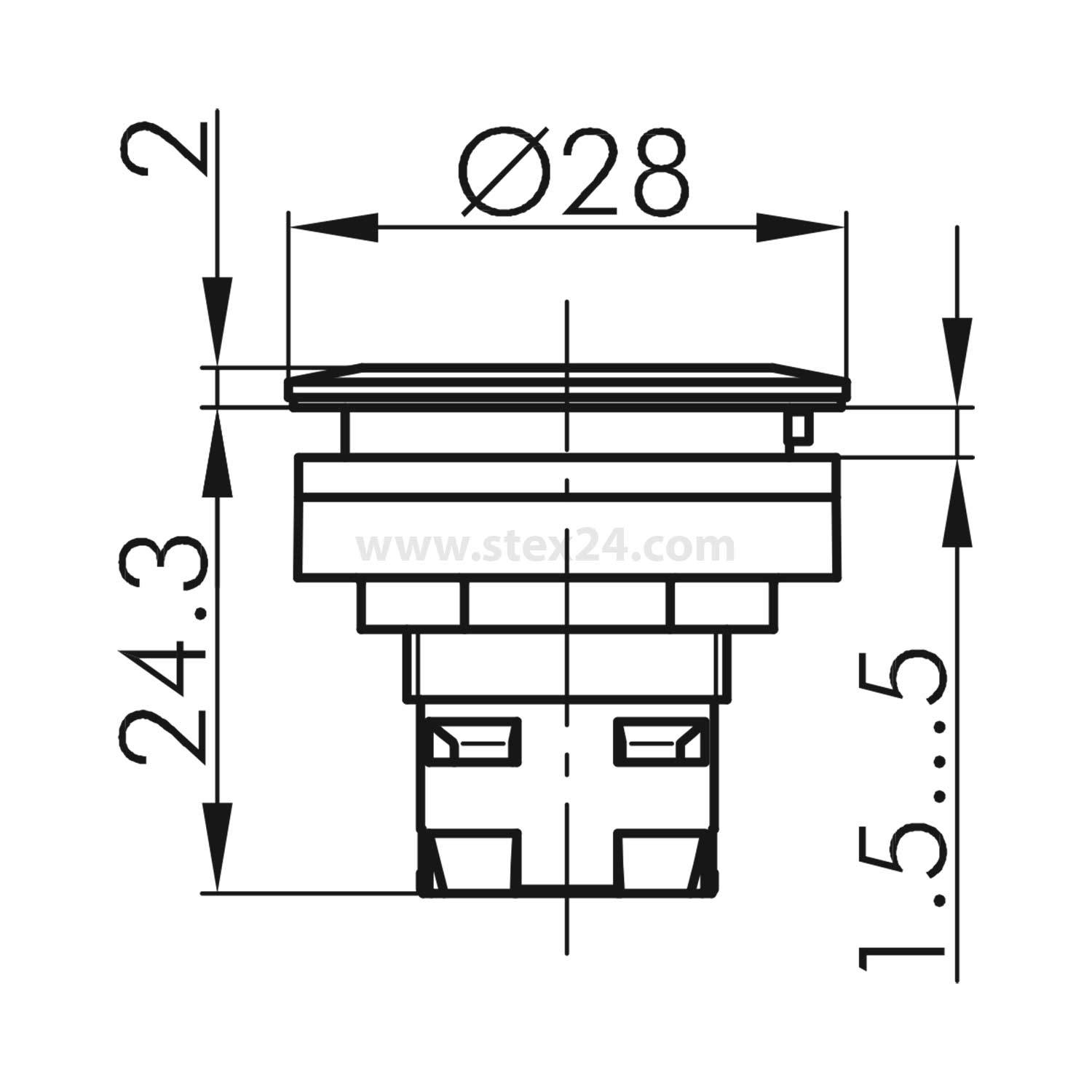 Eine technische Zeichnung einer kreisförmigen Komponente mit einem Durchmesser von 28 mm und einem Höhenbereich von 1,5 bis 5 mm. Die Gesamthöhe beträgt 24,3 mm.