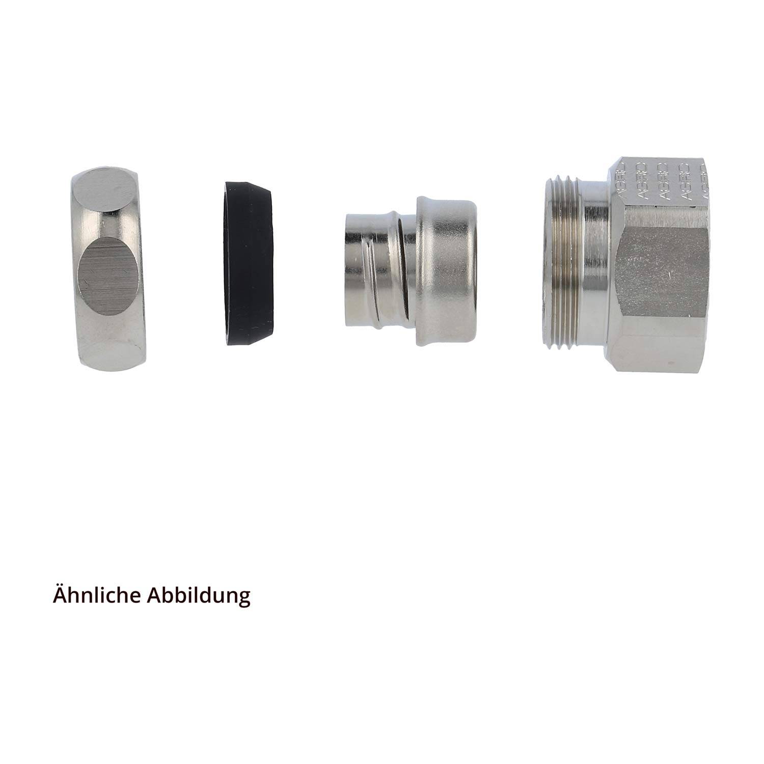 Edelstahl-Fitting-Komponenten, die einzelne Teile zeigen: Kappe, Gummidichtung, Ring und Gewindekörper.