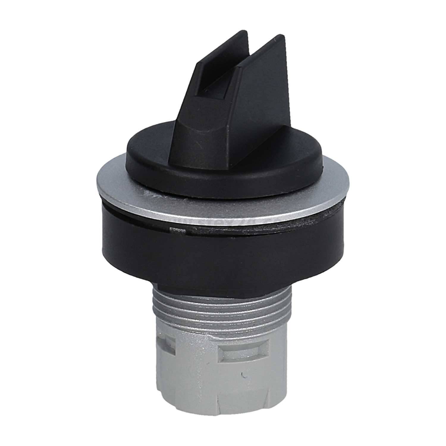 Ein schwarzer und silberner industrieller Schalter mit einem Drehgriff zur Gerätesteuerung, vor einem weißen Hintergrund.