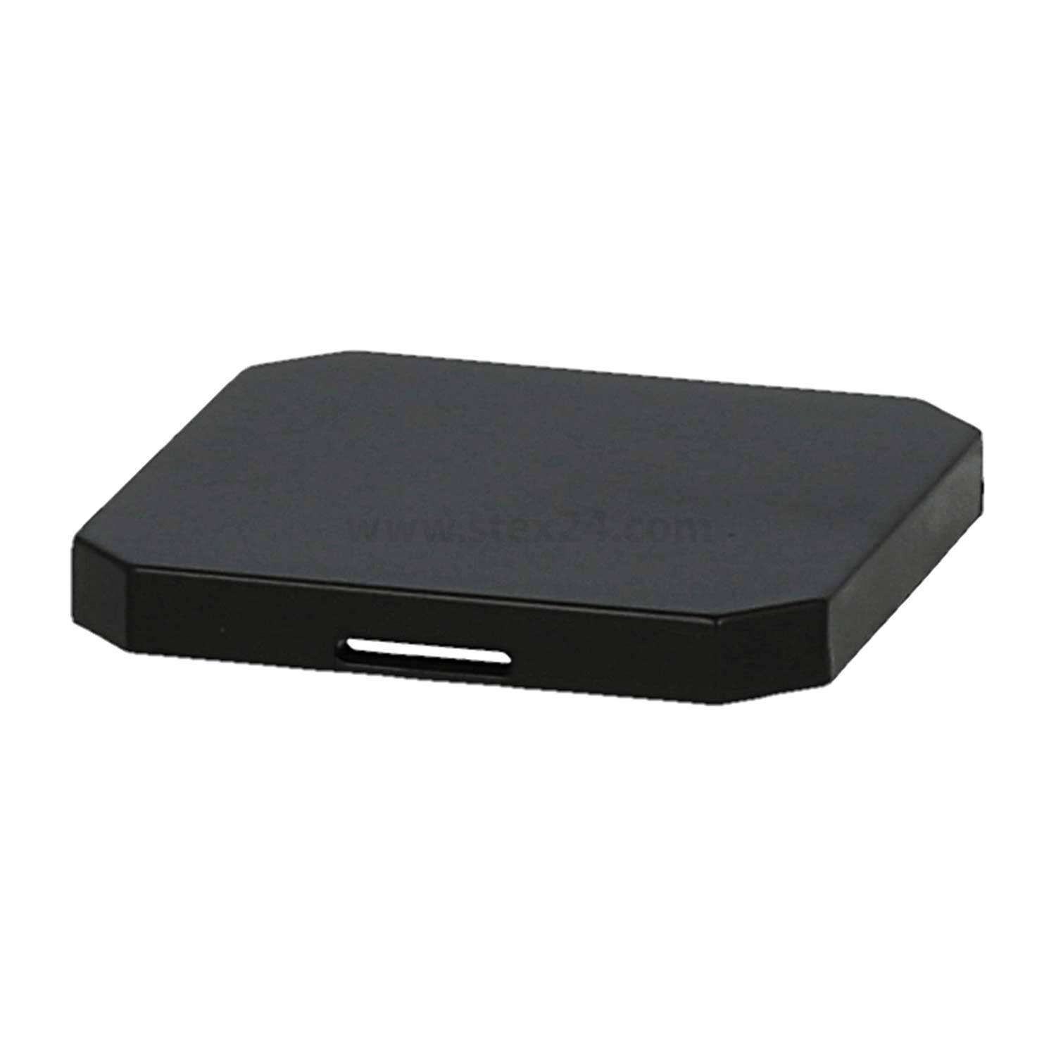 Eine schwarze, rechteckige Kunststoff-Seifenschale mit abgerundeten Kanten und einem kleinen Ablaufschlitz in der Mitte.