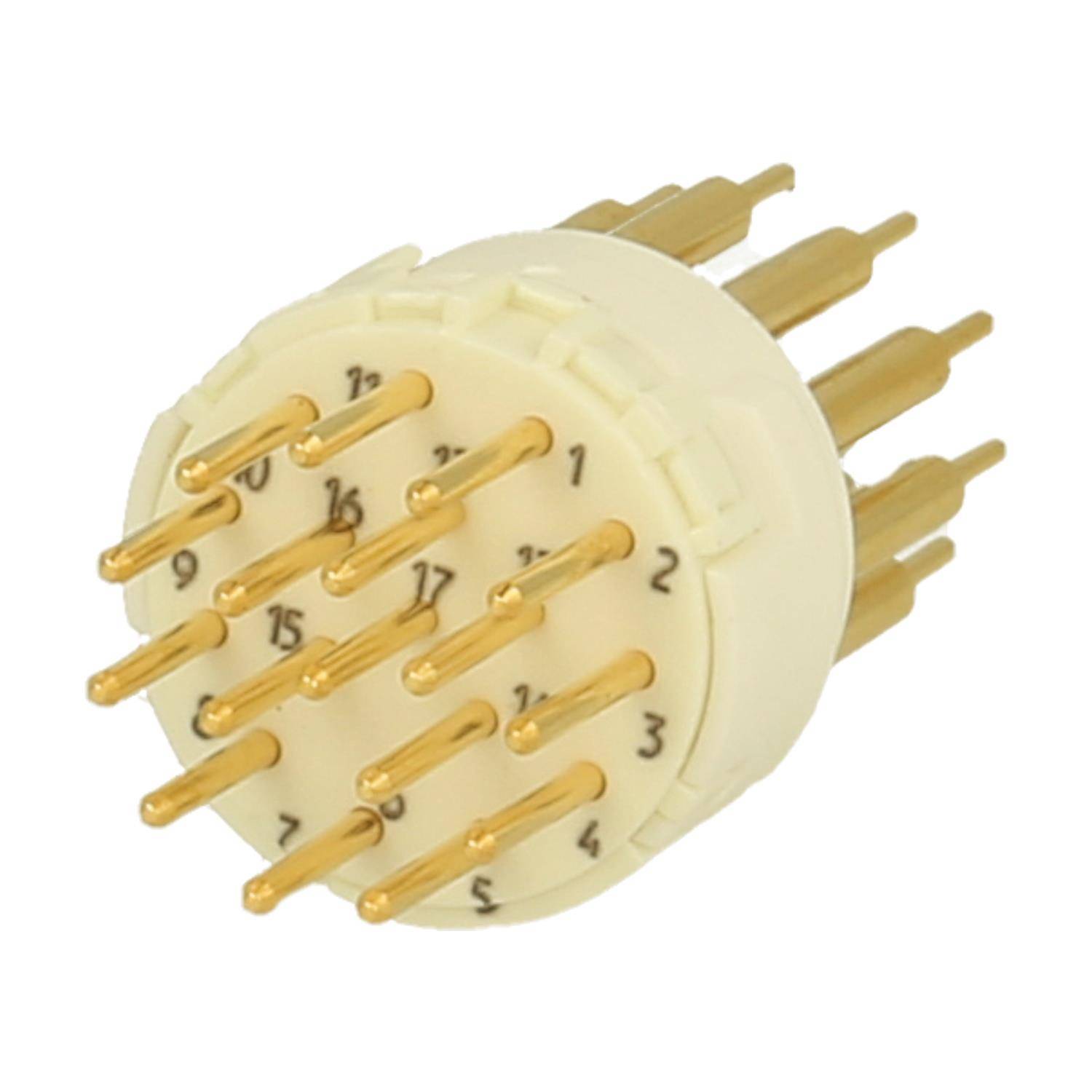 Ein weißer zylindrischer elektronischer Stecker mit mehreren nummerierten Goldpins, der für elektrische Verbindungen in Schaltkreisen verwendet wird.