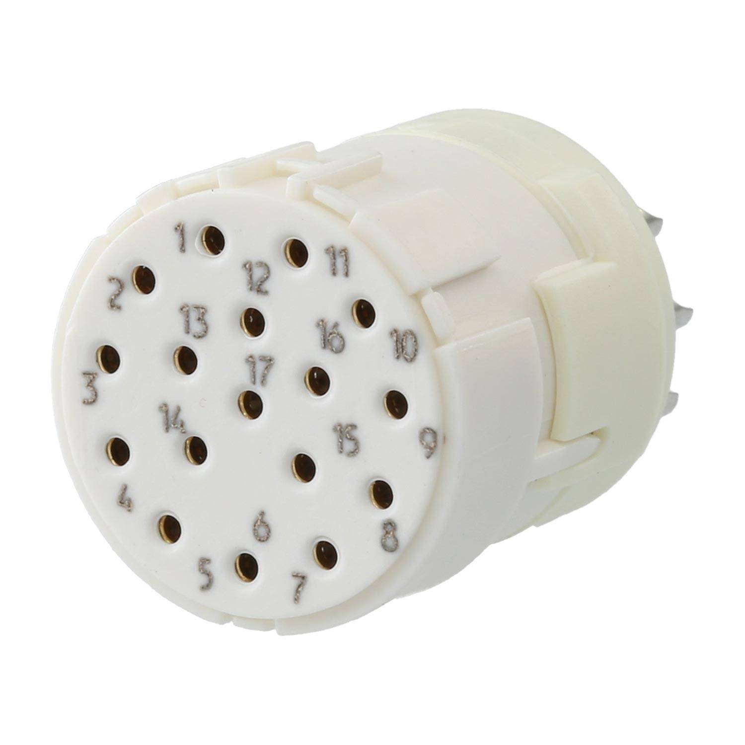 Ein weißer, zylindrischer Mehrfachstift-Stecker mit nummerierten Löchern von 1 bis 19, der für präzise elektronische Verbindungen verwendet wird.