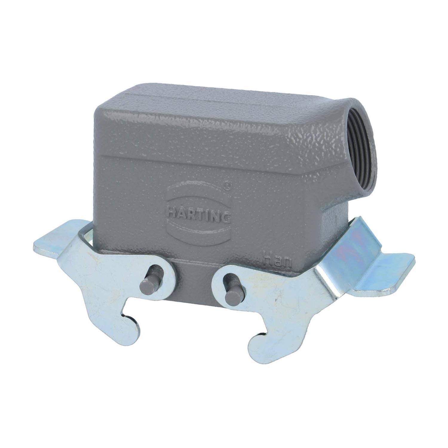 Ein grauer industrieller Anschlussgehäuse mit sichtbaren Schrauben und Montagebügeln, konzipiert für robuste elektrische Verbindungen.