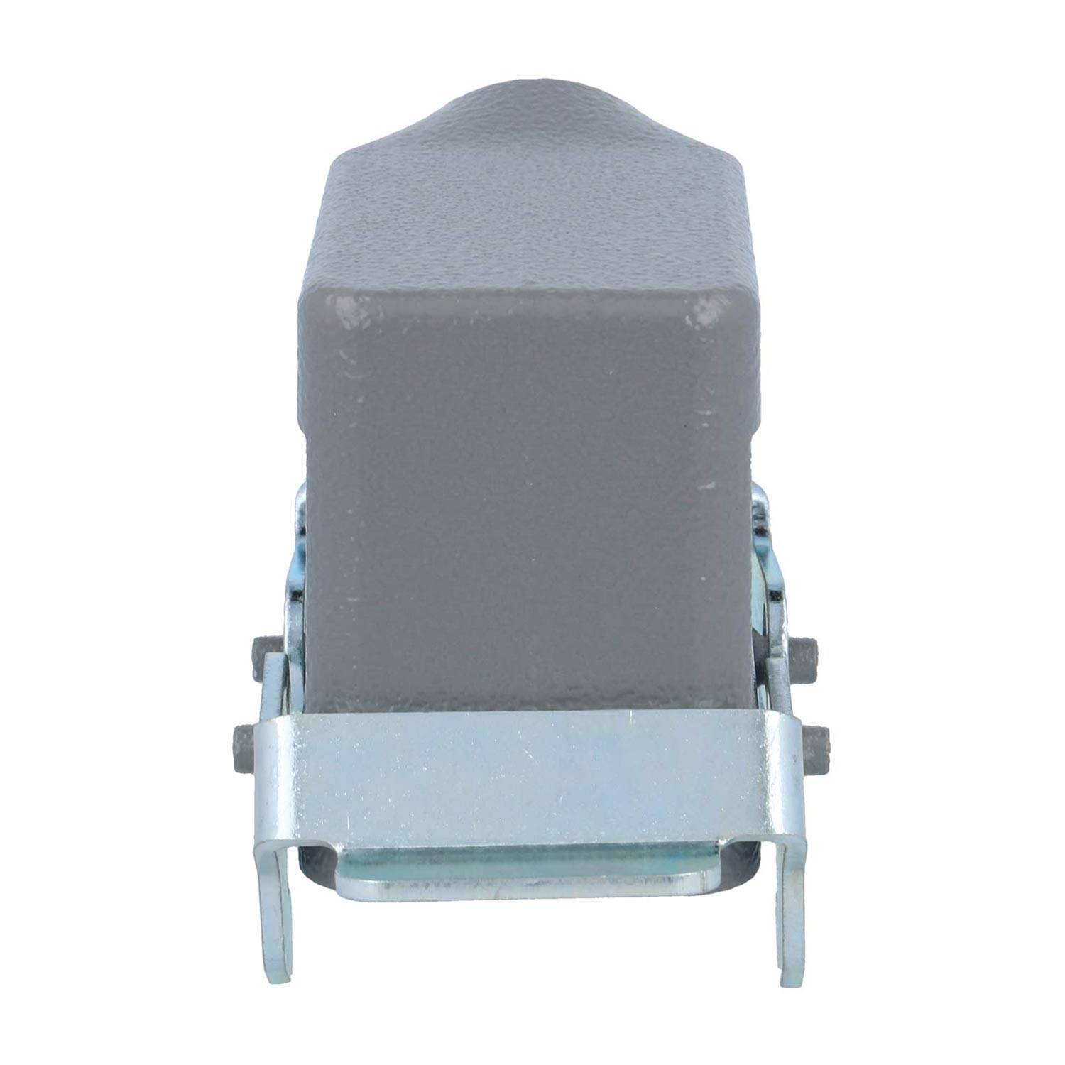 Grauer Schutzdeckel für elektrische Komponenten mit Metallbasis, der entwickelt wurde, um Anschlüsse vor Schmutz und Feuchtigkeit zu schützen.