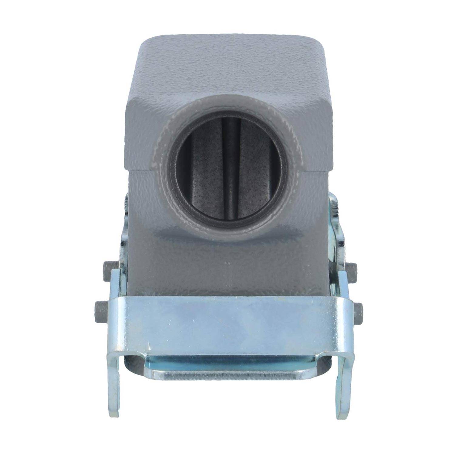 Ein grauer industrieller Anschlussgehäuse mit einer Metallklammer, von vorne betrachtet.