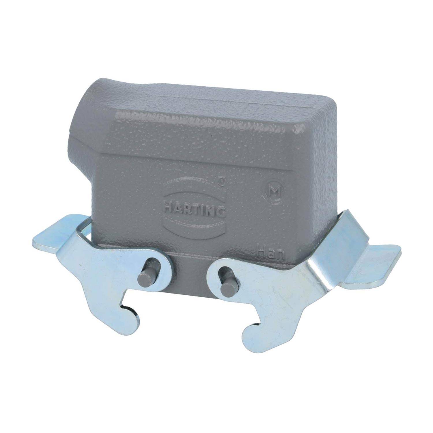 Ein graues HARTING Industrie-Anschlussgehäuse mit metallischen Verriegelungen, verwendet für elektrische Verbindungen, von der Seite betrachtet.