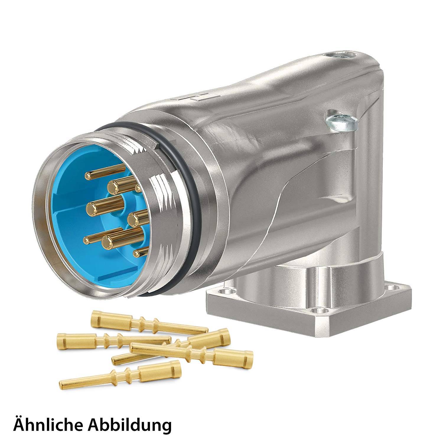 Ein Metall-Elektroverbinder mit blauer Innenbeschichtung und mehreren Goldstiften, zusammen mit mehreren einzelnen Goldstiften davor.