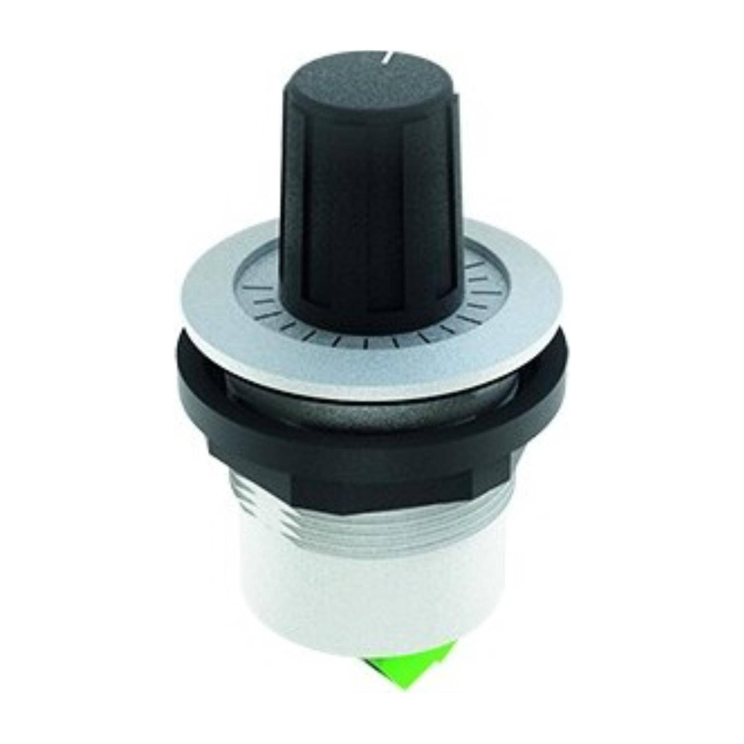 Ein schwarzer und silberner zylindrischer Kontrollknopf mit einem grünen dreieckigen Marker an der Basis, wahrscheinlich zum Einstellen von Einstellungen an elektronischen Geräten verwendet.