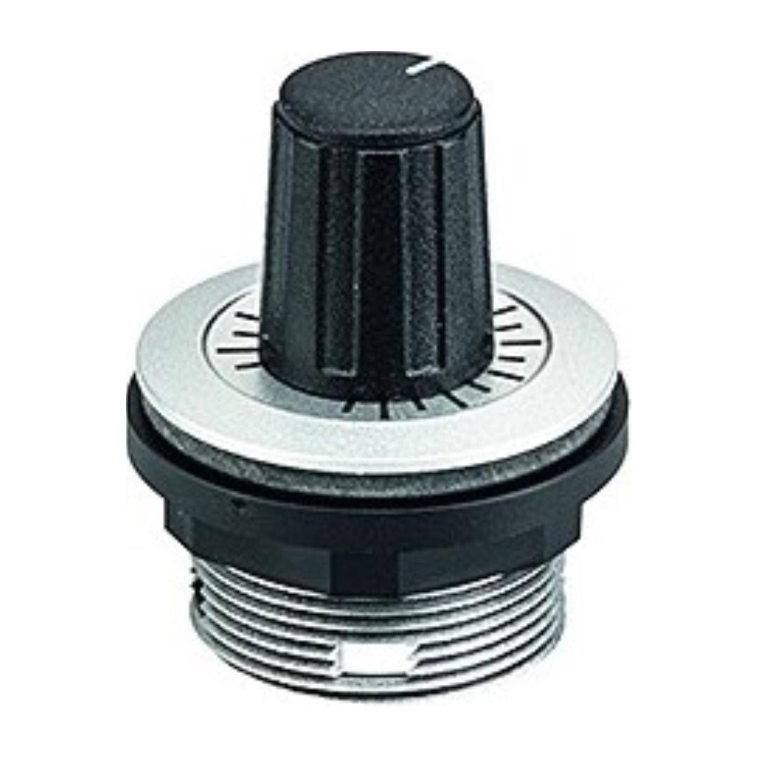 Ein schwarzer und silberner Drehschalter mit strukturierter Griffoberfläche und nummerierter Skala, verwendet für manuelle Einstellungen oder Steuerungseinstellungen.