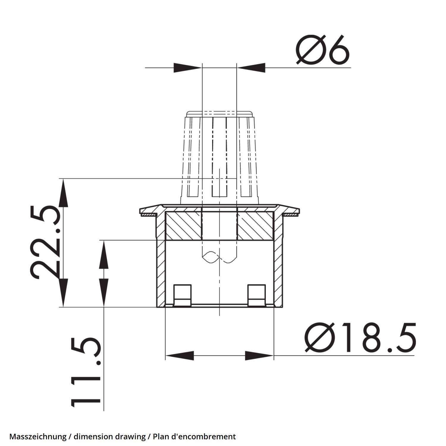 Technische Zeichnung einer zylindrischen Komponente mit Abmessungen: Durchmesser 6 mm an der Oberseite, Durchmesser 18,5 mm an der Basis und Höhe 22,5 mm.