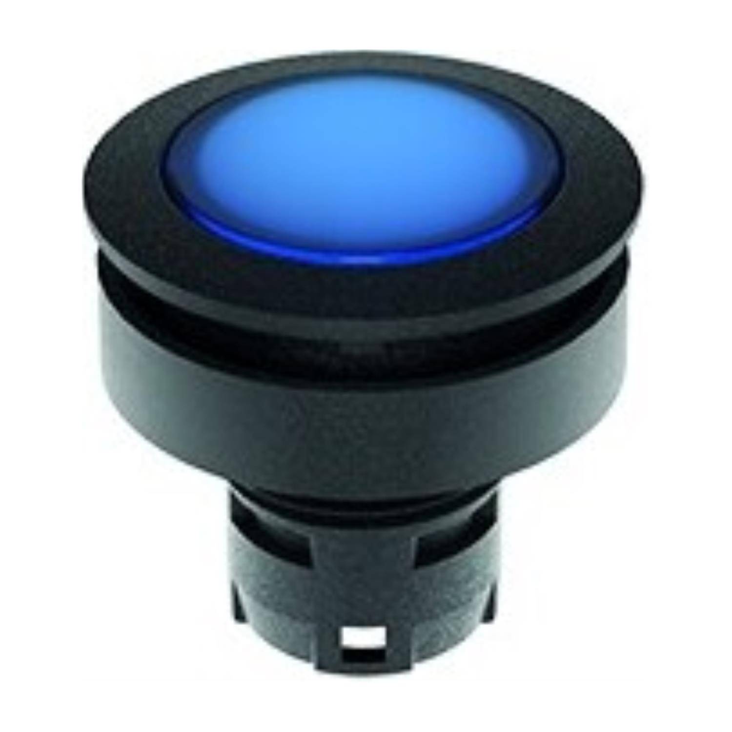 Ein runder, schwarzer elektronischer Knopf mit leuchtend blauer Oberseite, der typischerweise für Benutzerinteraktionen in Geräten oder Bedienfeldern verwendet wird.