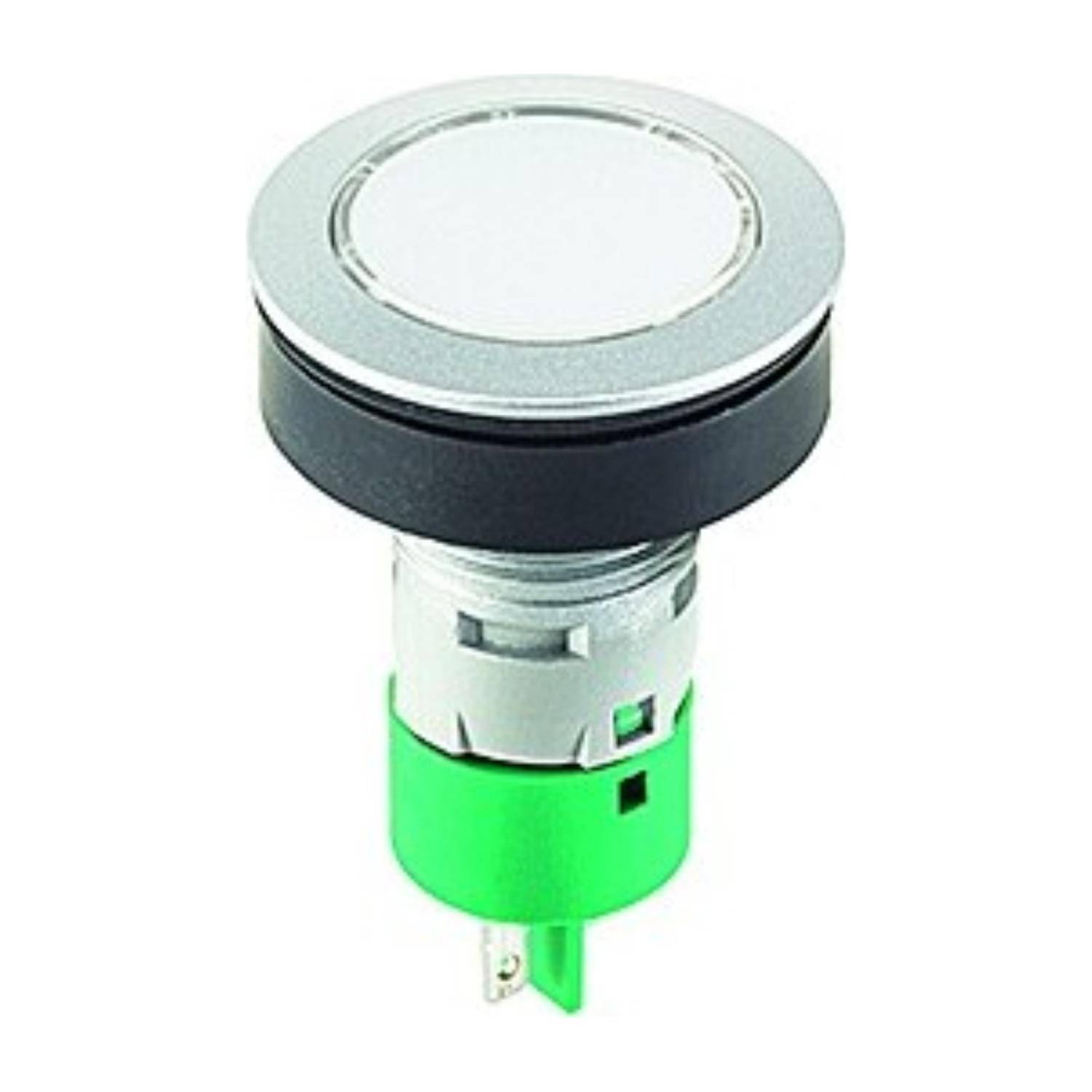 Ein Drucktaster mit metallischer Oberfläche und einer grünen Montagebasis, konzipiert für elektrische Anwendungen.