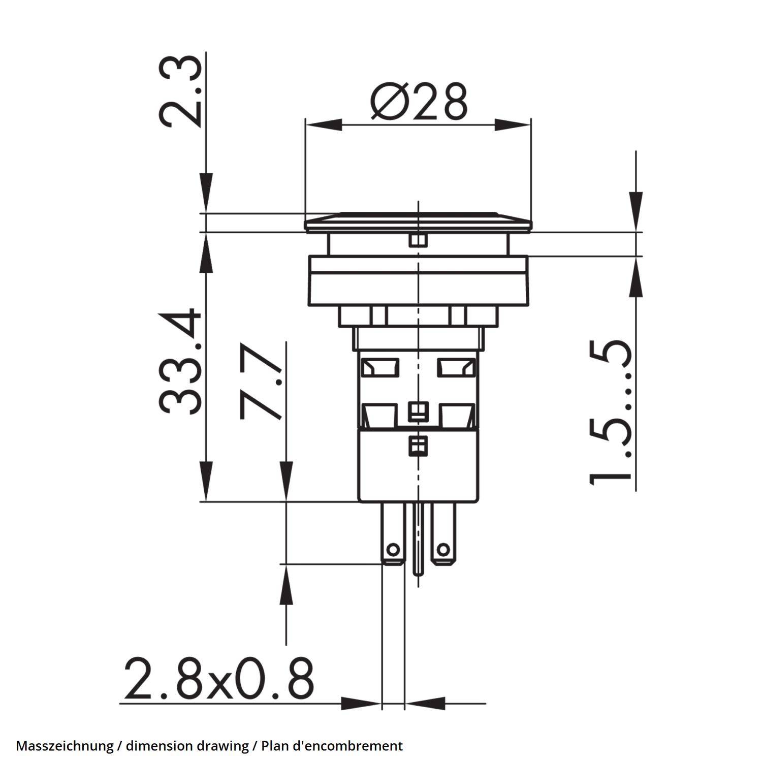 Maßzeichnung eines zylindrischen Tasterschalters. Durchmesser: 28 mm, Höhe: 33,4 mm, Pinabstand: 2,8 mm. Seiten- und Frontansicht.