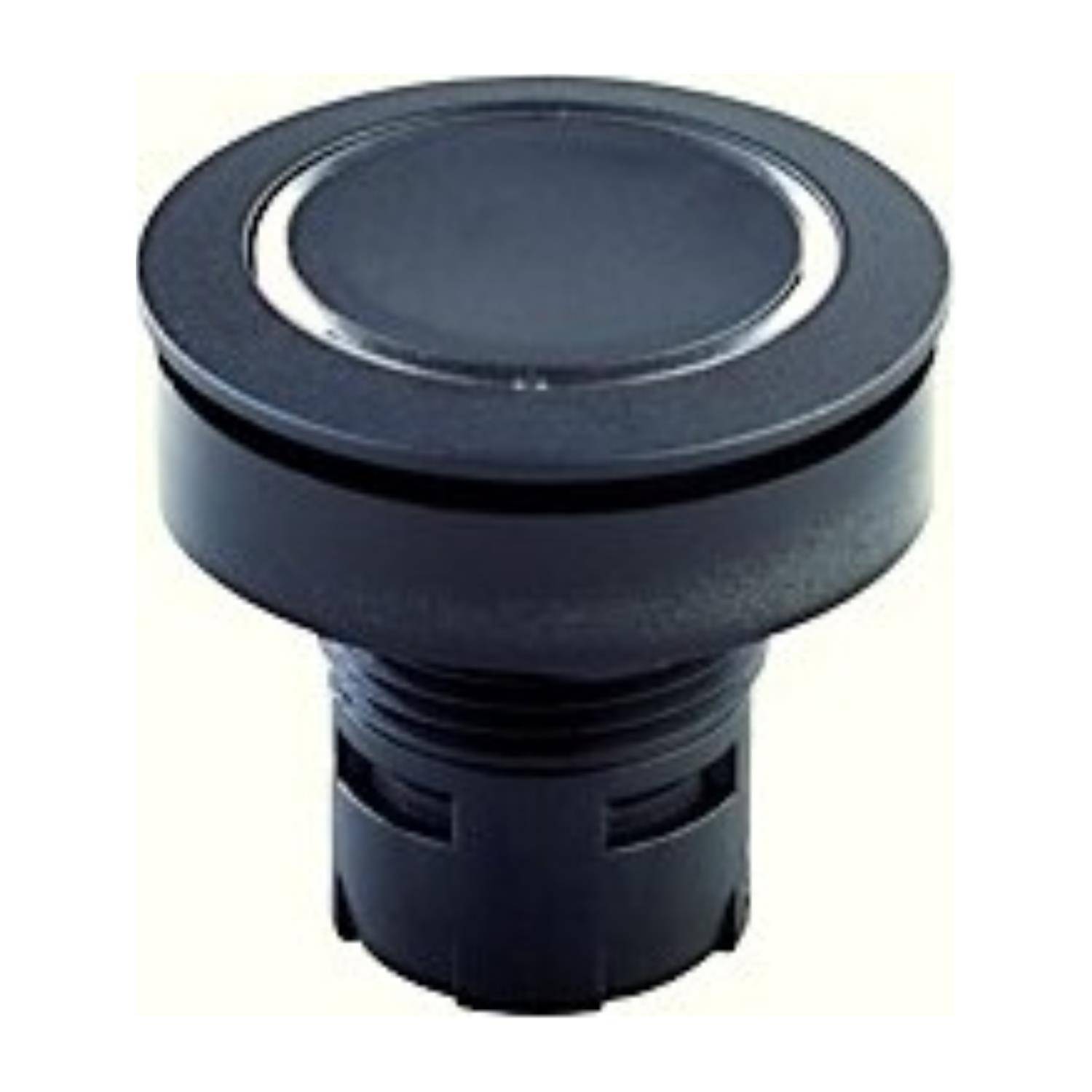 Ein schwarzer runder Drucktaster mit flacher Oberfläche, geeignet für Einbau in Bedienblenden, häufig in der Elektronik zur Steuerung von Stromkreisen verwendet.