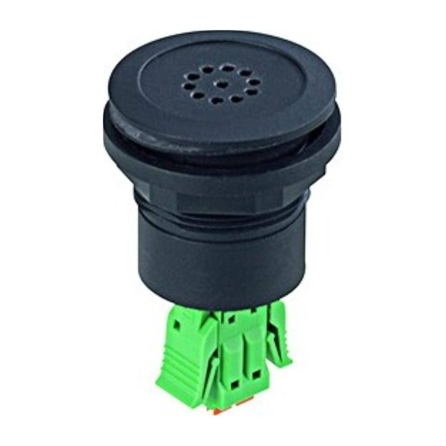 Ein kleiner, zylindrischer schwarzer Summer-Schalter mit einer kreisförmigen Oberseite und grünem Anschluss an der Basis, der für elektronische Signalisierungsanwendungen verwendet wird.