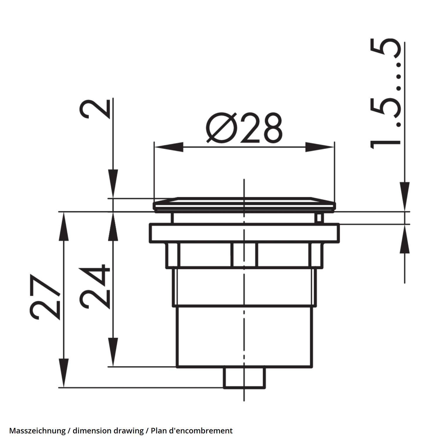Maßzeichnung eines Zylinders mit einem Durchmesser von 28, einer Höhe von 27 und zusätzlichen Höhenmarkierungen von 2 und 1,5 bis 5.