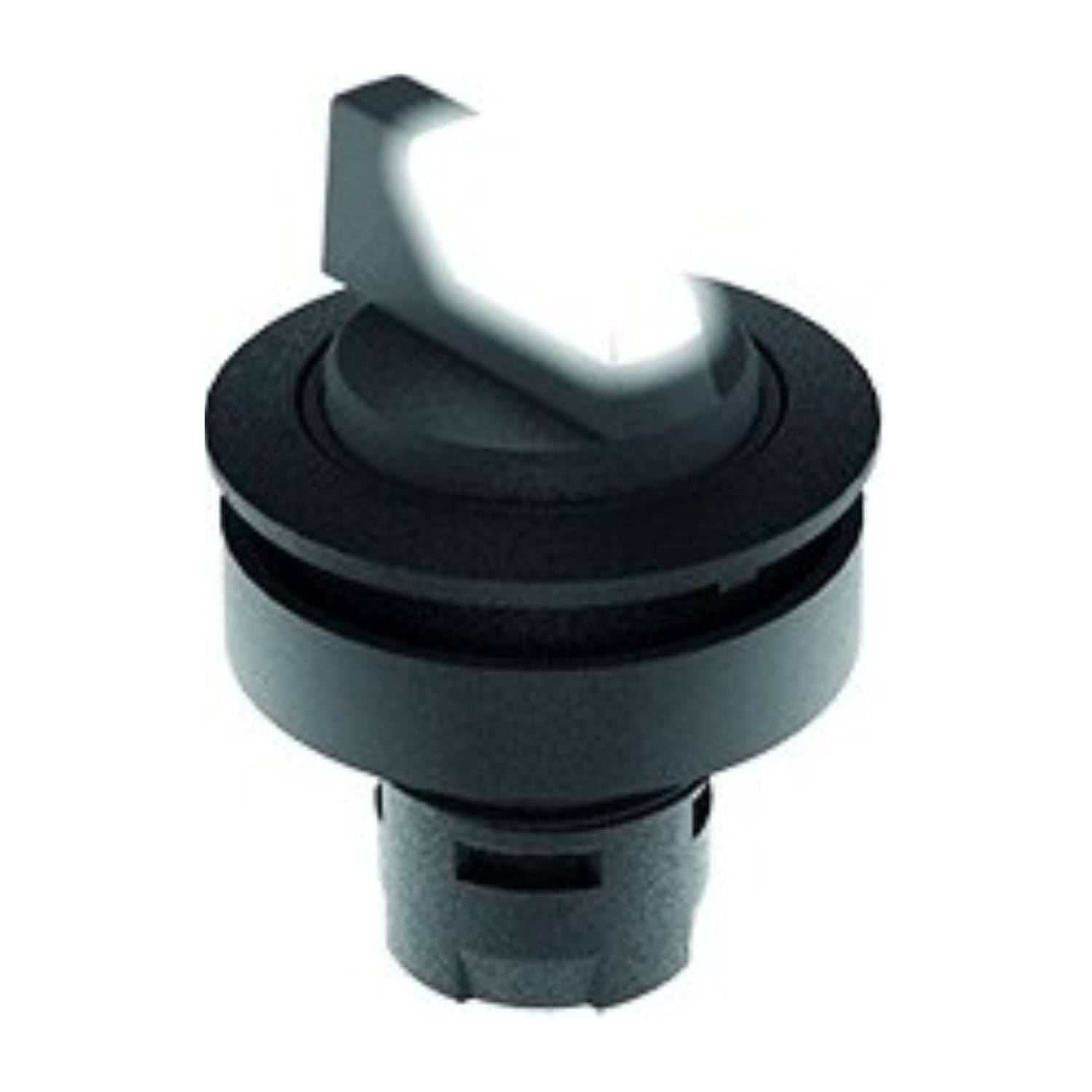 Ein schwarzer Drehschalter mit weißer Spitze, für die Montage auf einer Tafel konzipiert. Der Schalter befindet sich in der Ausschaltposition und wird vor einem weißen Hintergrund platziert.