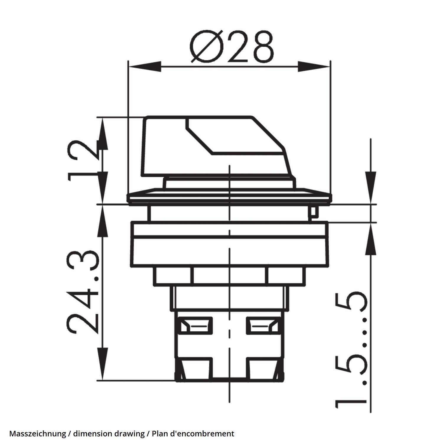 Technische Zeichnung eines kreisförmigen Knopfes/Schalters mit Abmessungen: Gesamtdurchmesser 28 mm; Höhe ab Basis 24,3 mm; Kappenhöhe 12 mm.