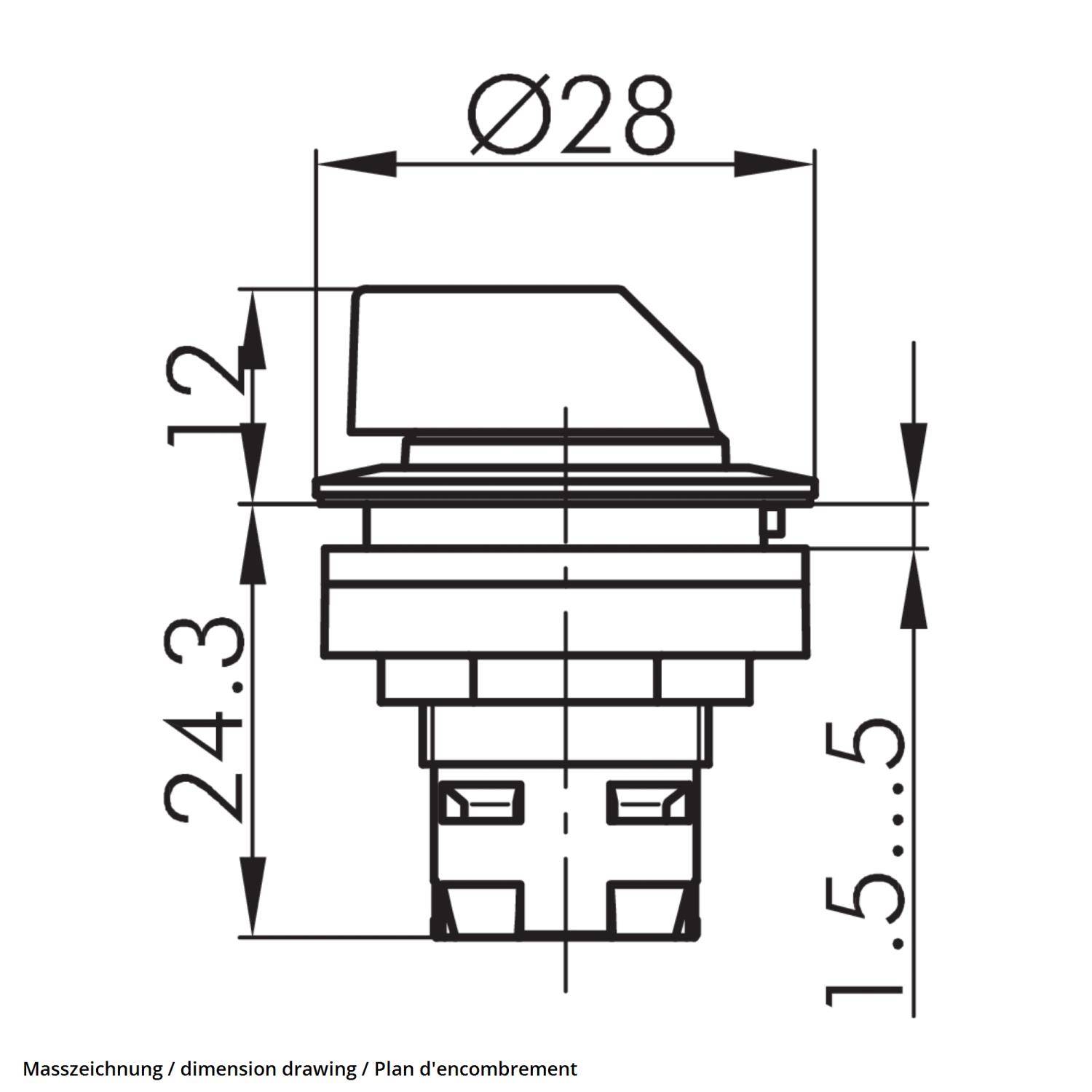 Technische Zeichnung eines kreisförmigen Knopfes mit Maßen: Durchmesser 28 mm, Höhe 24,3 mm, 12 mm über die Basis ragend, Basentiefe 1,5-5 mm.