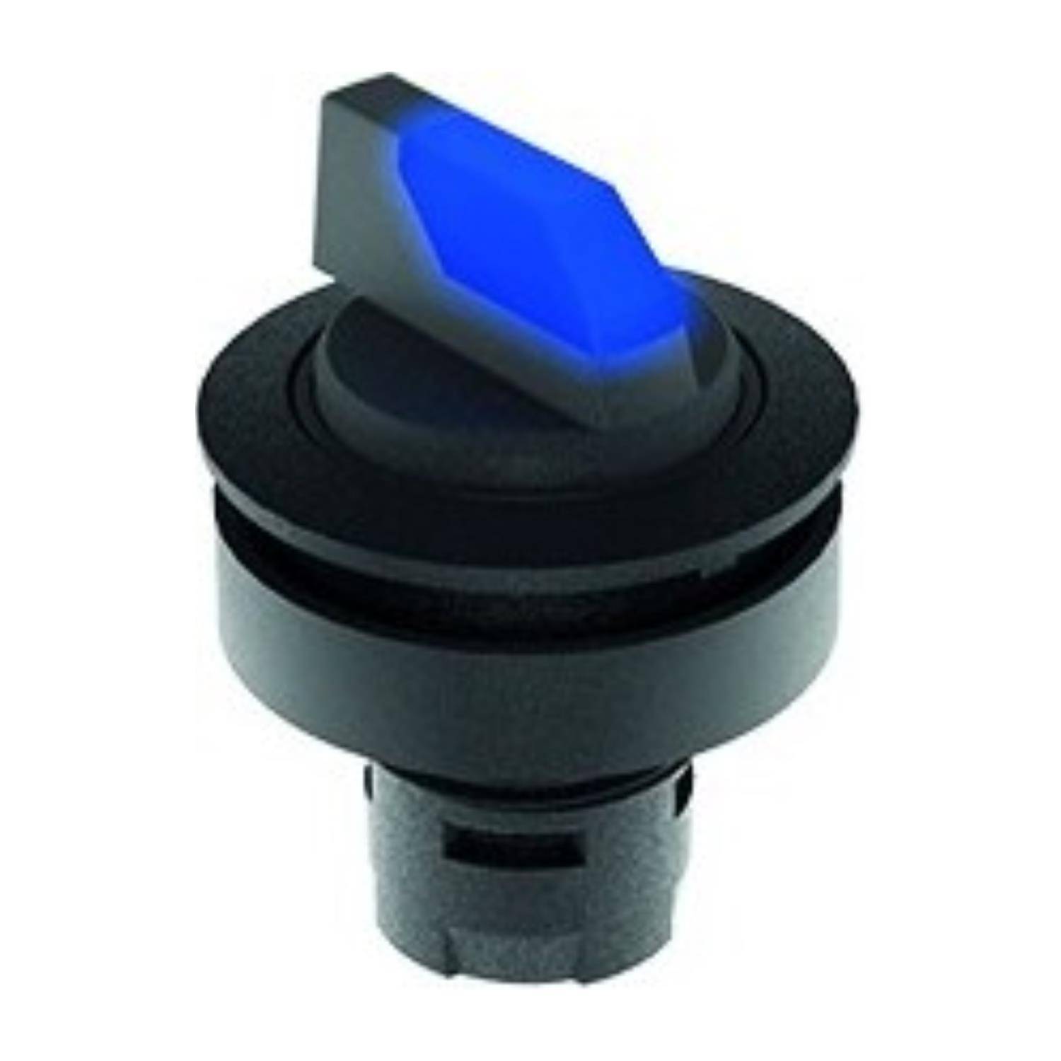 Ein schwarzer runder Wippschalter mit blauer LED-Beleuchtung, für die Paneelmontage konzipiert, der typischerweise in elektronischen Schaltkreisen verwendet wird.