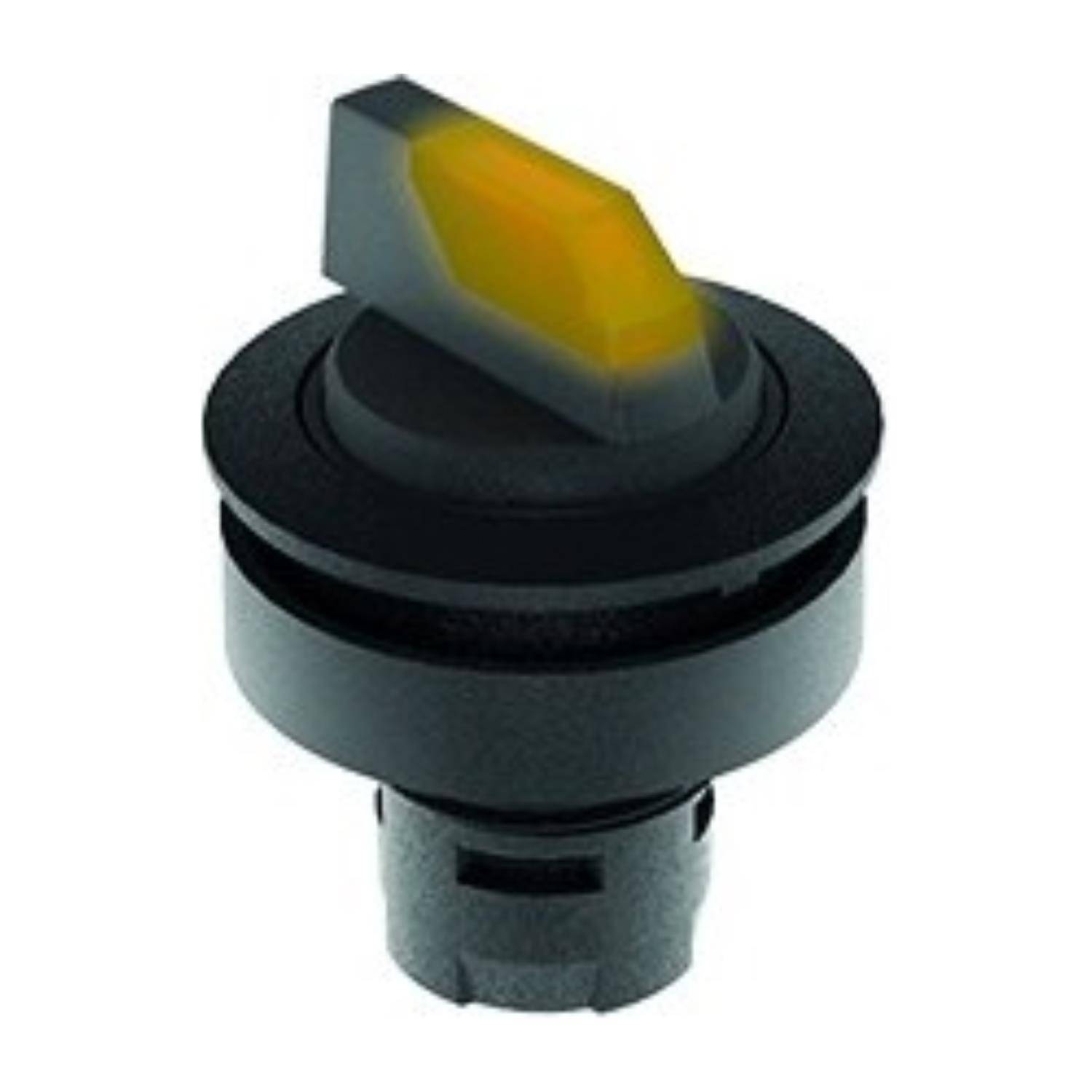 Ein schwarzer Drehschalter mit einer gelb-getönten Knopfoberfläche, konzipiert für elektronische oder mechanische Geräte.