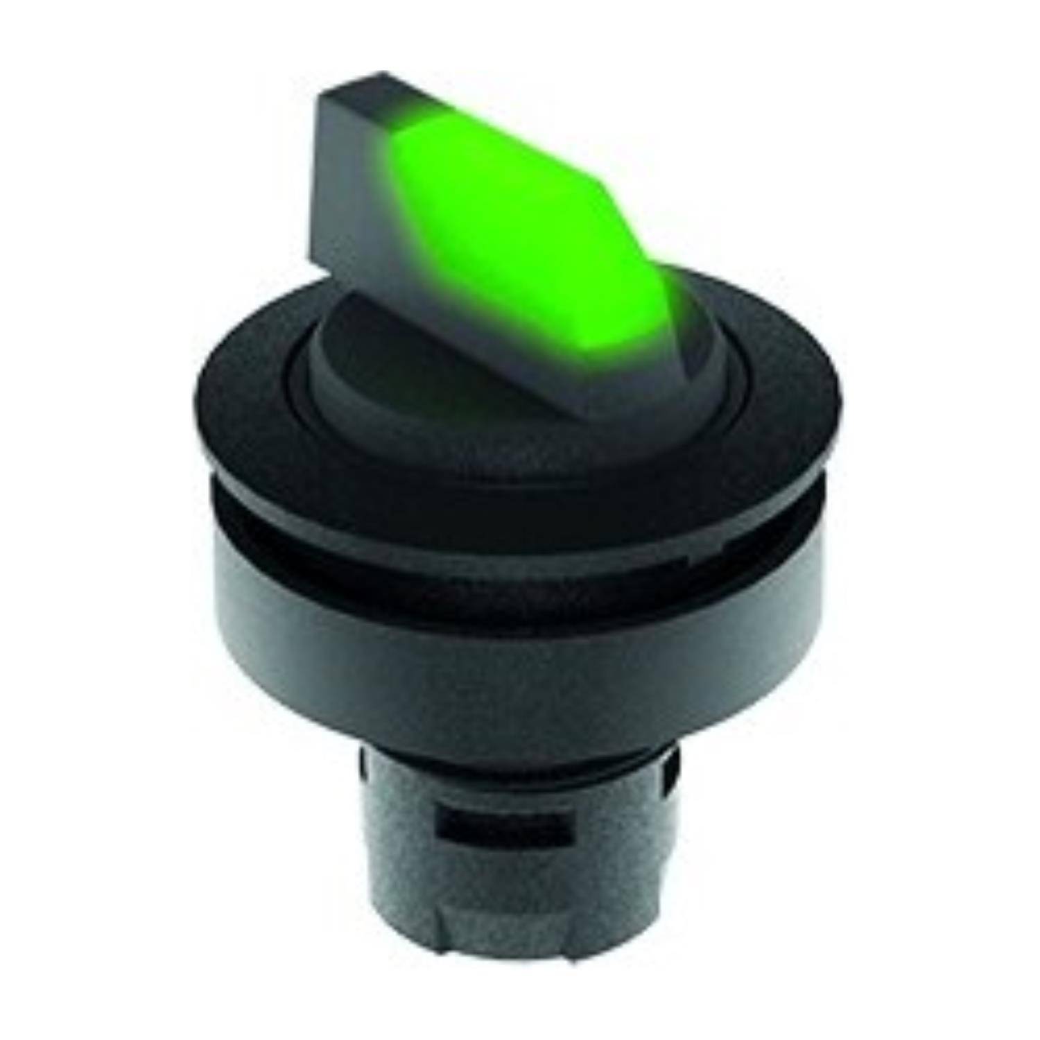 Ein schwarzer Kippschalter mit einer leuchtend grünen Spitze, der anzeigt, dass er sich in der 'Ein'-Position befindet, vor einem einfachen weißen Hintergrund.