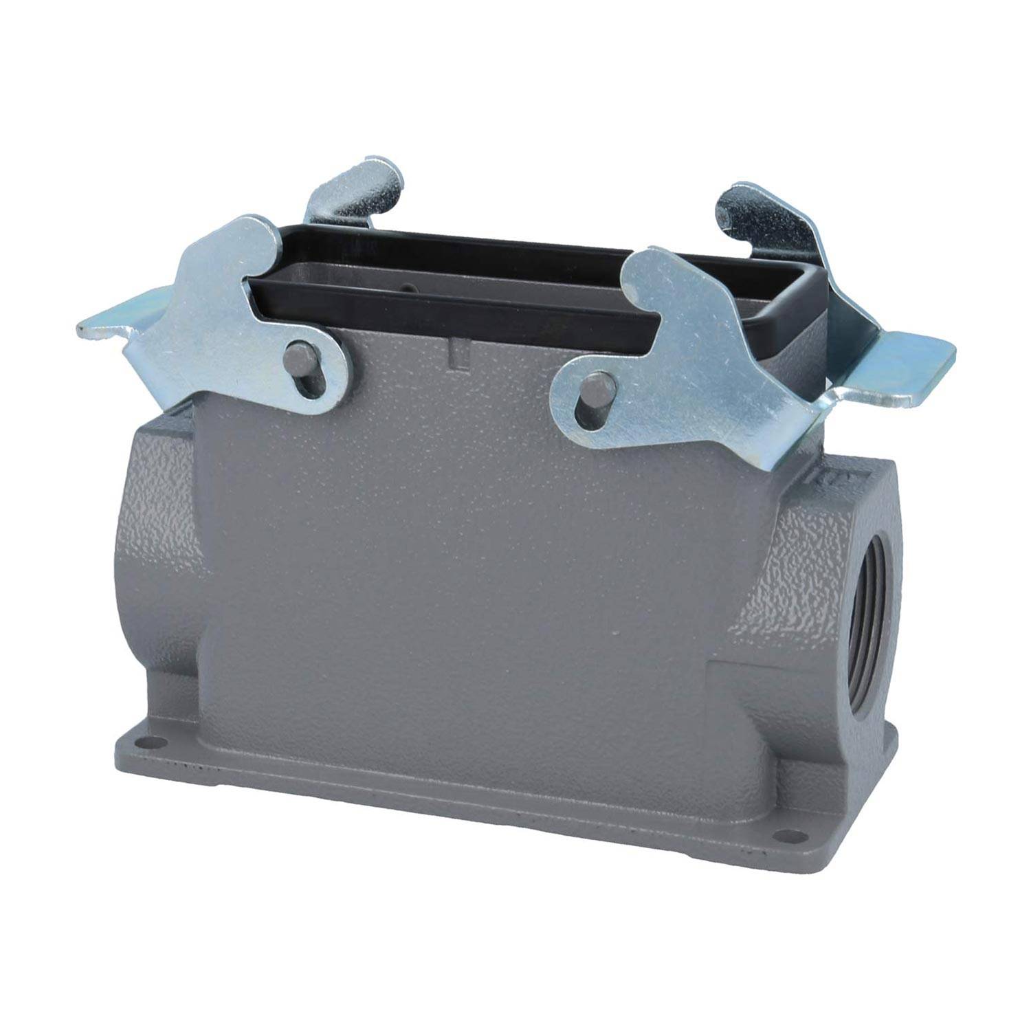 Ein grauer rechteckiger industrieller Anschlussgehäuse mit zwei Metallspannhebeln für eine sichere Befestigung.