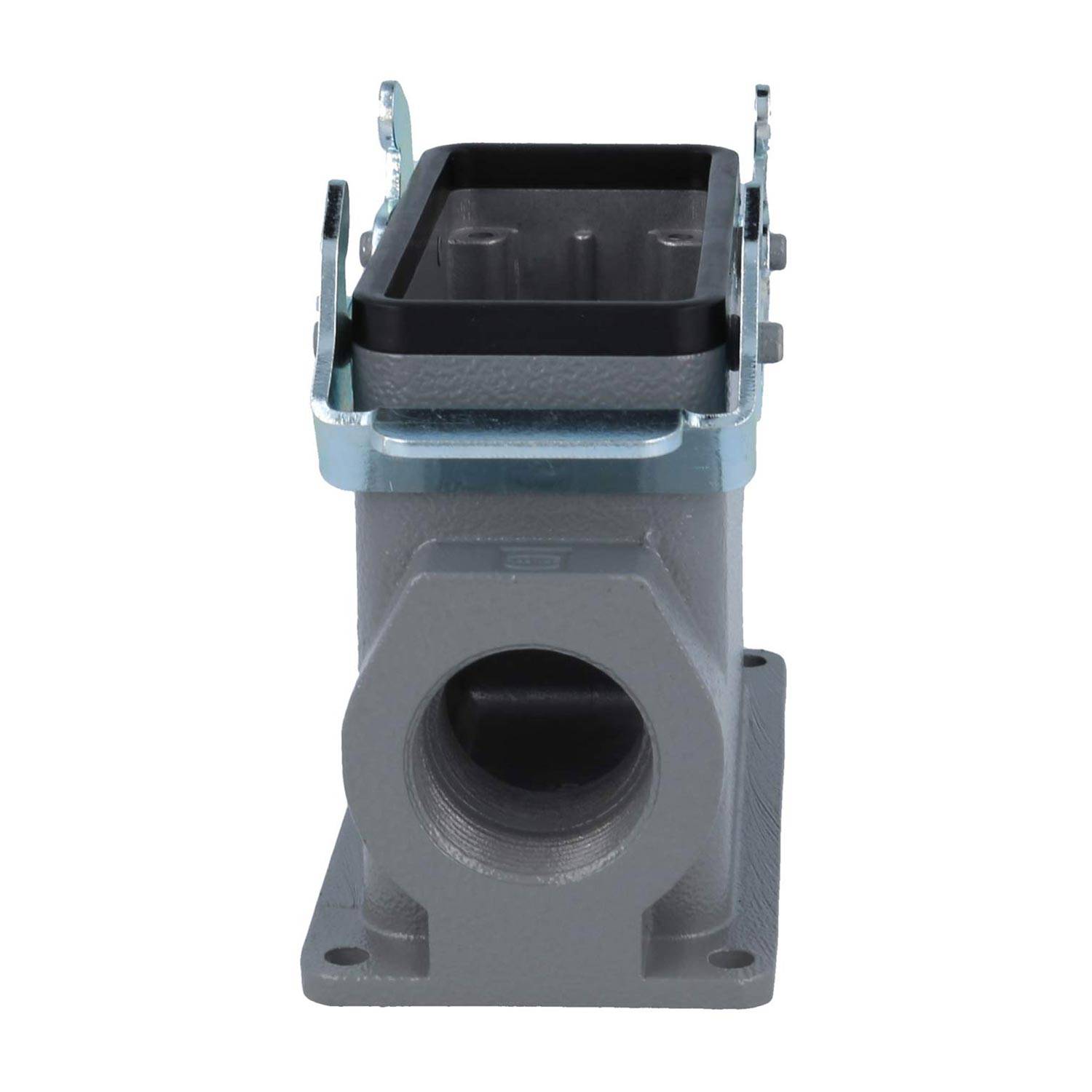 Ein grau lackiertes industrielles elektrisches Anschlussgehäuse mit rechteckiger Oberseite und runder Seitenöffnung, konzipiert zum Schutz von Kabelverbindungen.