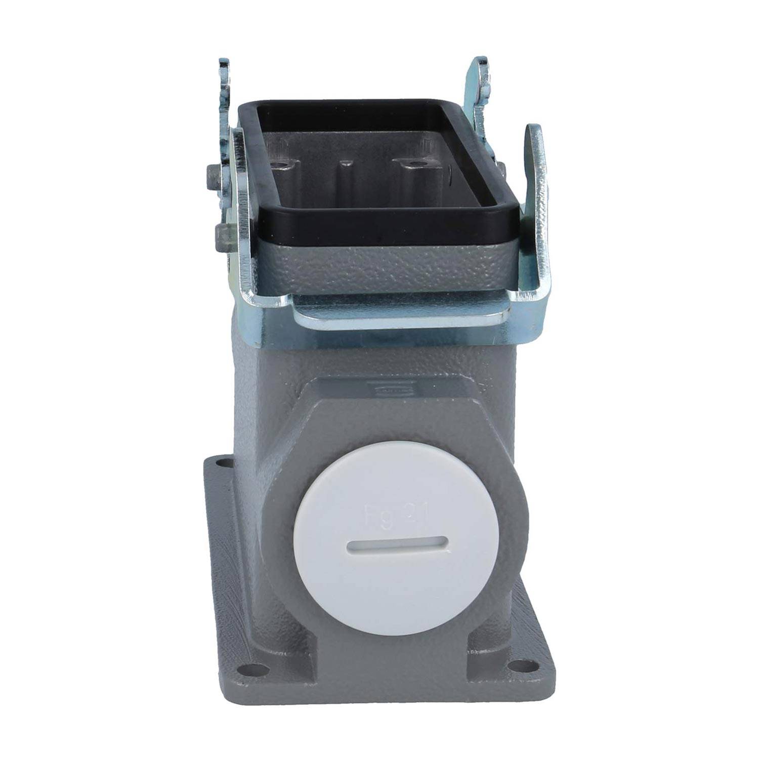 Robuster grauer Elektroanschluss mit einem schützenden Metallbügel und rundem Deckel an der Basis, für industrielle Anwendungen entwickelt.