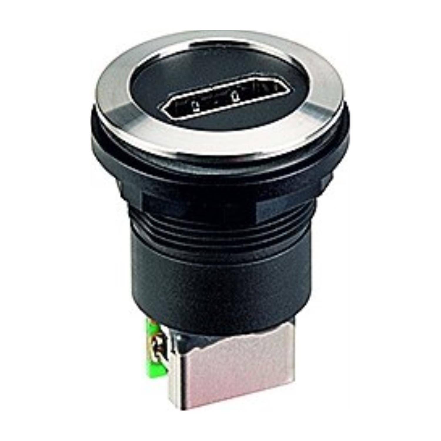 Ein runder Metalldrucktaster mit schwarzem Rahmen und einem USB-Anschluss in der Mitte.