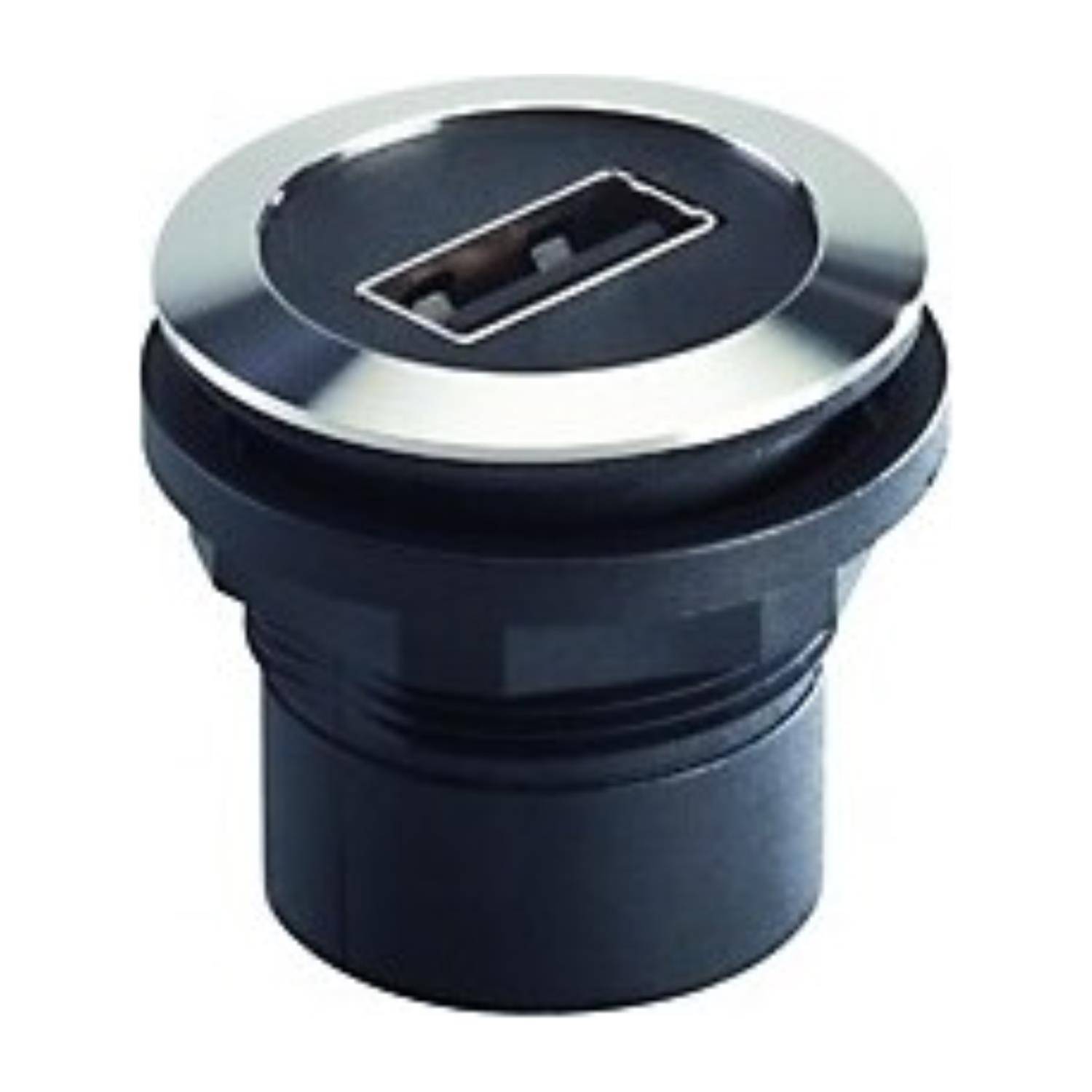 Eine runde schwarze USB-Buchse mit Chrom-Finish, ausgelegt für Einbaumontage.