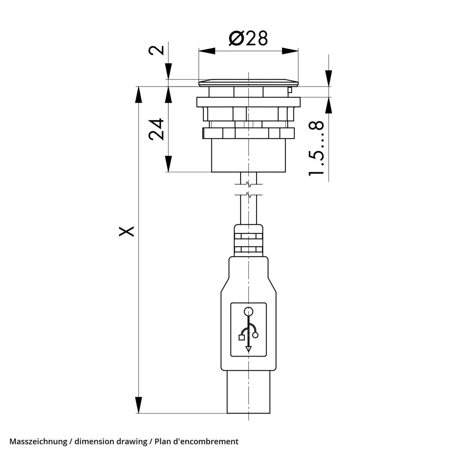 Maßzeichnung eines Druckschalters; Durchmesser 28 mm, Tasterauslösung 2 mm, Gesamttiefe einstellbar von 1,5 bis 8 mm, Einbautiefe 24 mm.
