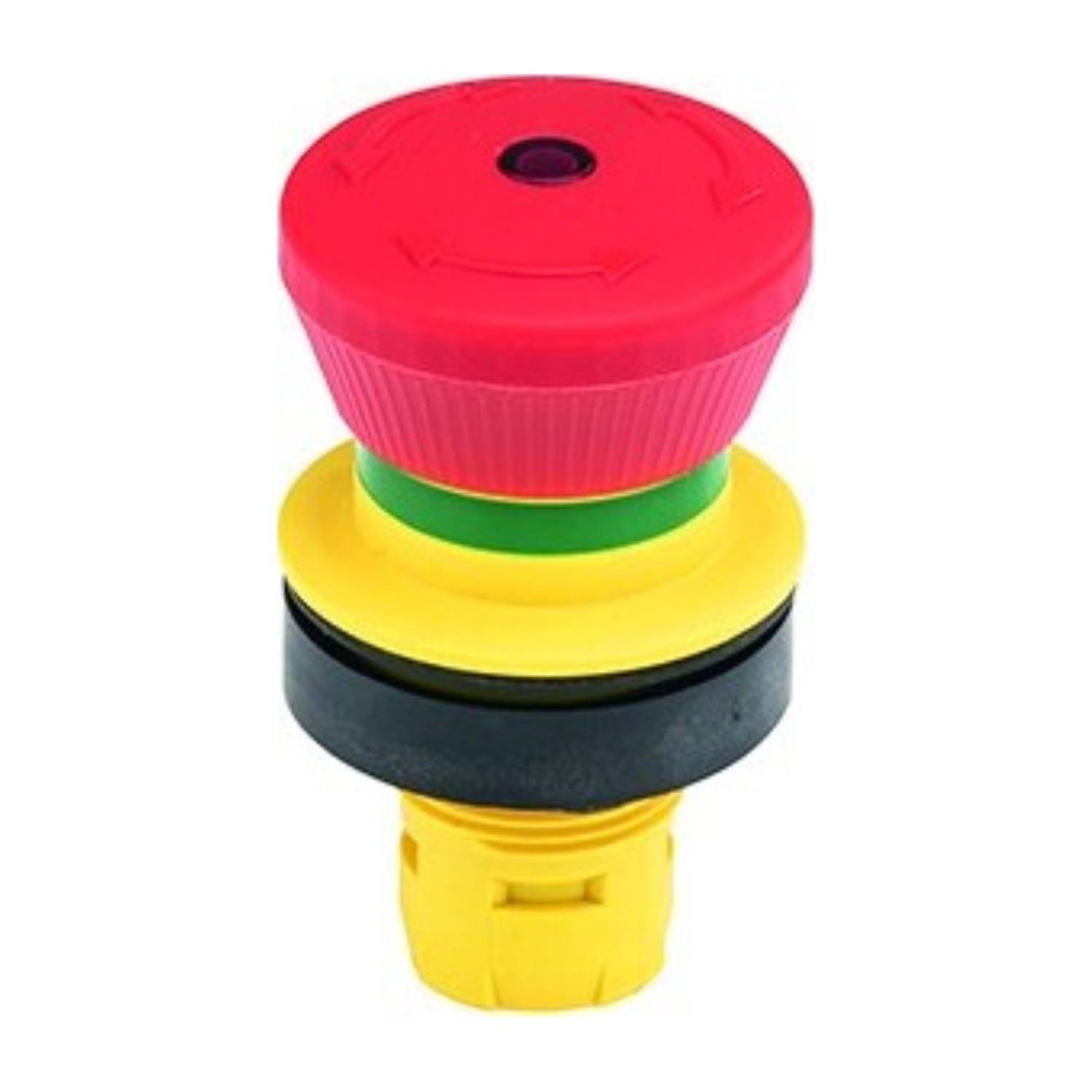 Ein roter Notaus-Knopf mit grünen und gelben Ringen über einer schwarzen Basis, der verwendet wird, um Maschinen in Fabriken oder Werkstätten zu stoppen.