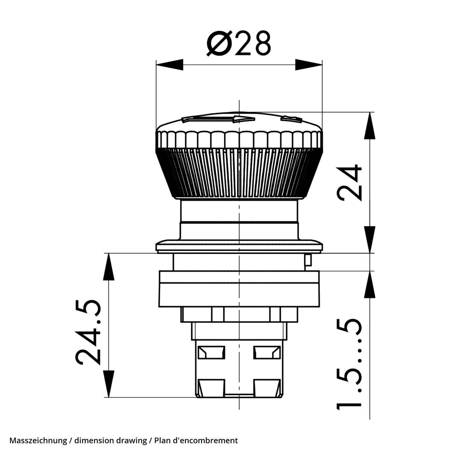 Maßzeichnung eines zylindrischen Knopfes mit einem Durchmesser von 28 mm, einer Höhe von 24 mm. Die Höhe des Bodensegments liegt zwischen 1,5 und 5 mm.