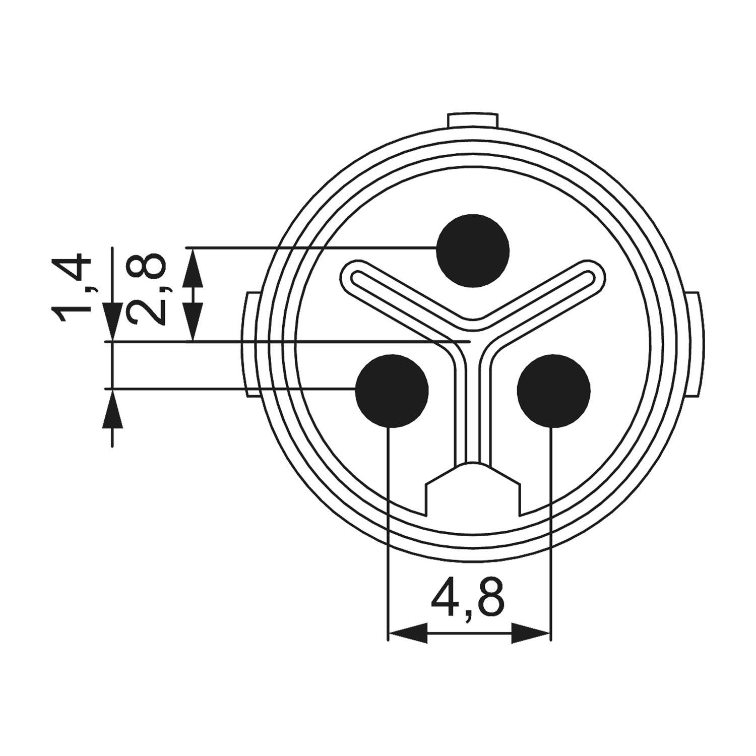 Technische Zeichnung einer Steckdose mit drei kreisrunden Löchern und Maßangaben, die Abstände von: 1,4 mm, 2,8 mm und 4,8 mm anzeigen.