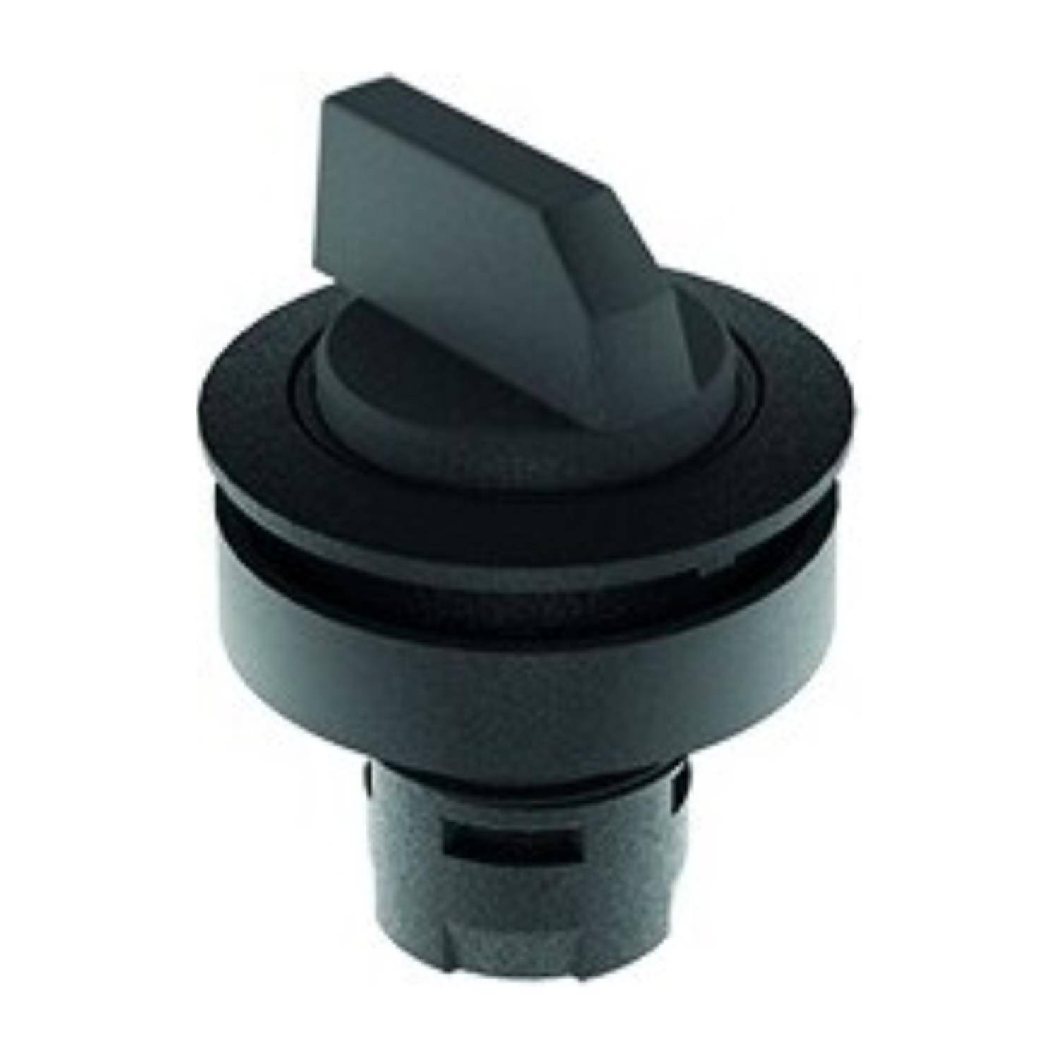 Ein schwarzer, zylindrischer Rotationsschalterknopf mit einem flachen, abgewinkelten Griff, konzipiert für die Paneelmontage in elektronischen Geräten.