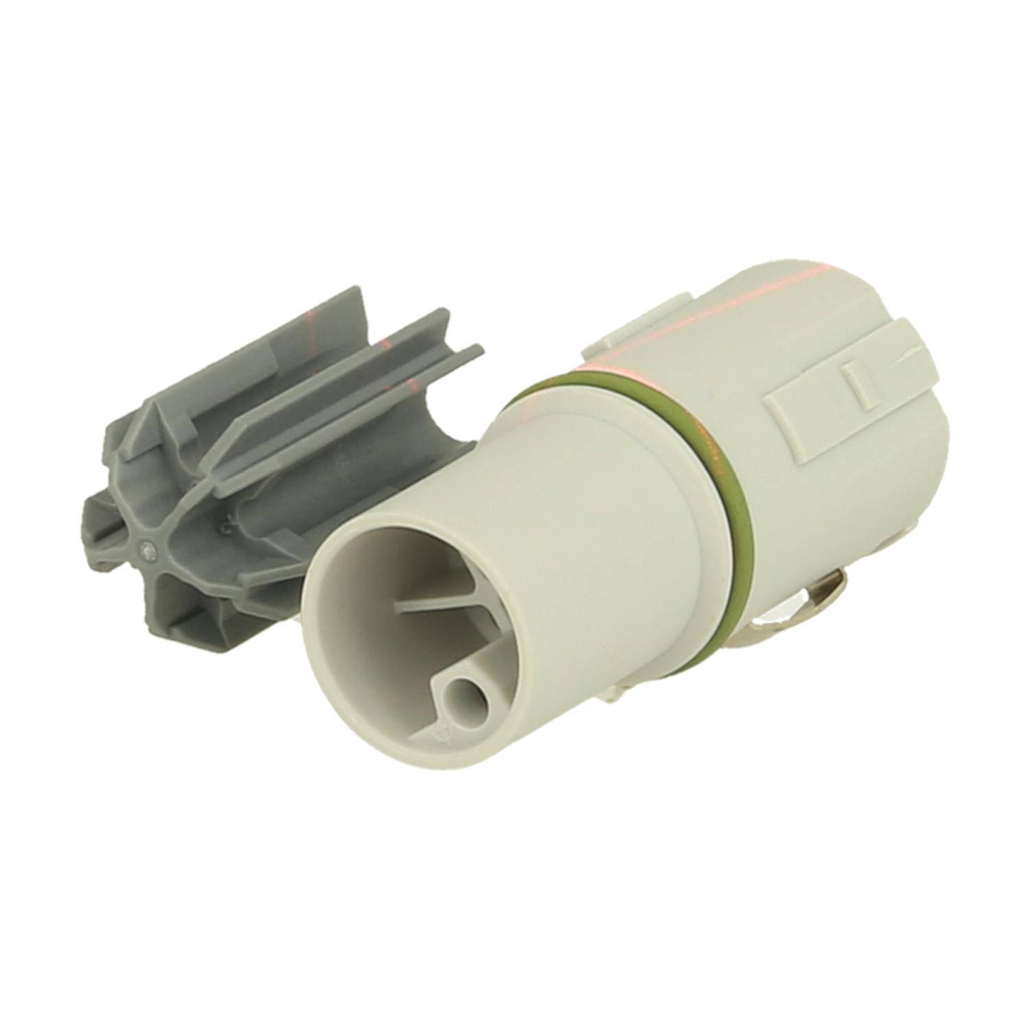Ein brauner und grauer automotiver elektrischer Steckverbinder mit einem kreisförmigen Stecker und einem Verschließmechanismus, der für sichere Kabelverbindungen konzipiert ist.
