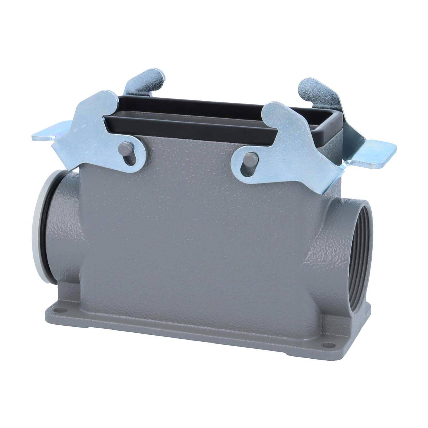 Ein grauer rechteckiger elektrischer Anschlussgehäuse mit zwei Verriegelungshaken oben, konzipiert für industrielle Anwendungen.