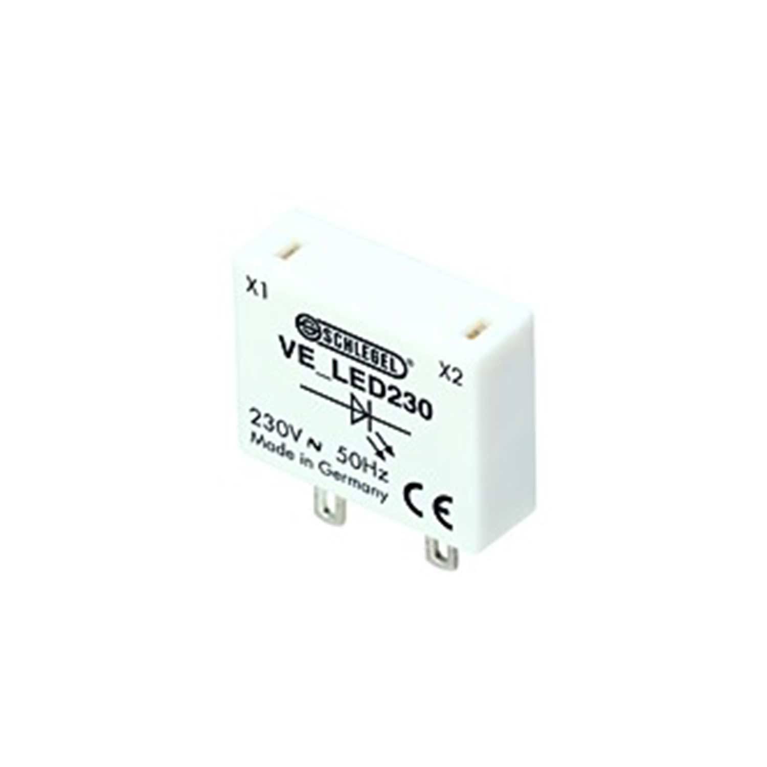 Eine weiße Schlegel VE_LED230 elektronische Komponente mit den Beschriftungen '230V', '50Hz' und 'Made in Germany' wird mit zwei Metallstiften dargestellt.