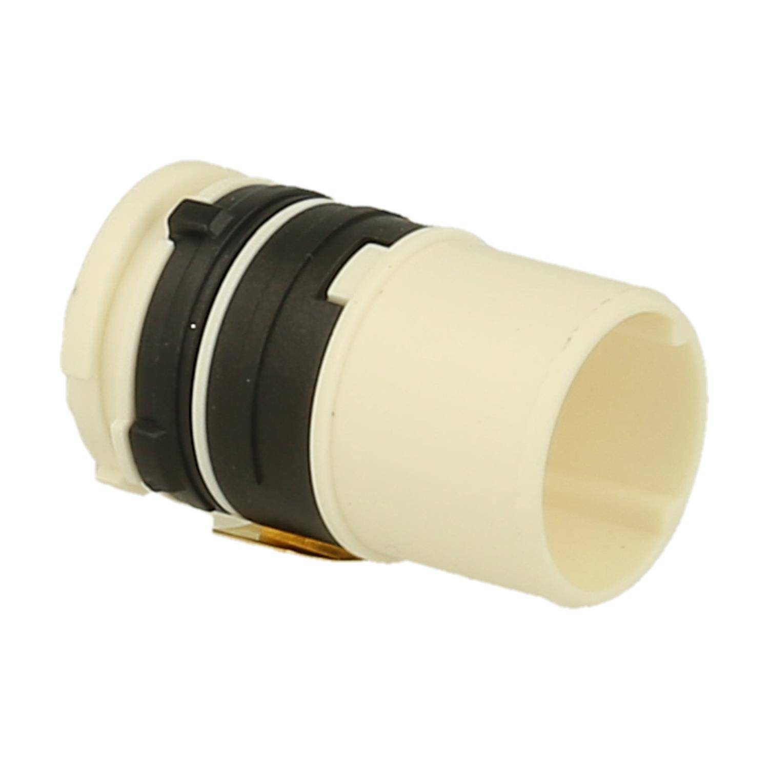 Ein weißer und schwarzer zylindrischer Anschluss, wahrscheinlich eine elektronische Komponente, die vor einem einfarbigen Hintergrund präsentiert wird, mit Fokus auf die Struktur des Anschlusses.