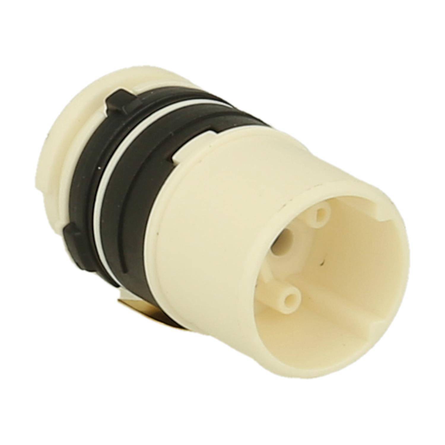 Ein weißer zylindrischer Kunststoffverbinder mit schwarzen und weißen Rillen, der für den Einsatz in der Sanitärtechnik oder ähnlichen Anwendungen konzipiert ist.