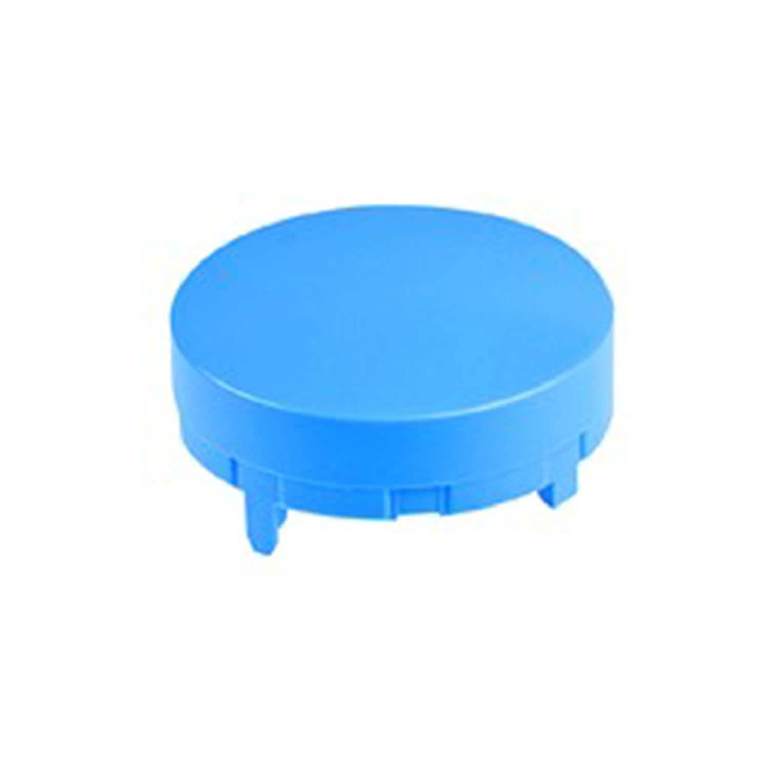 Eine blaue runde Plastikkappe mit kleinen Laschen am Rand, möglicherweise zum Abdecken oder Versiegeln eines Behälters oder Geräts verwendet.