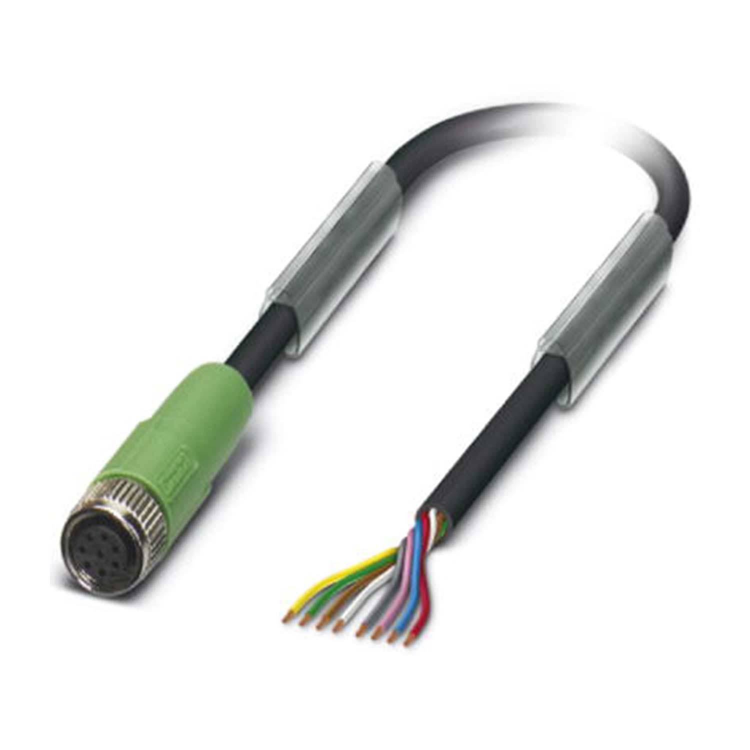 Ein Kabel mit einem kreisförmigen grünen Anschluss an einem Ende und freiliegenden mehrfarbigen Drähten am anderen Ende, das für elektrische Verbindungen verwendet wird.