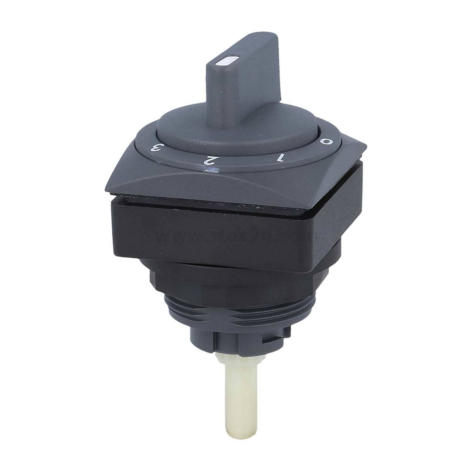 Ein Drehschalter mit Positionen von 0 bis 3, ausgestattet mit einem vertikalen Griff zur manuellen Einstellung, montiert auf einer Gewindehalterung.