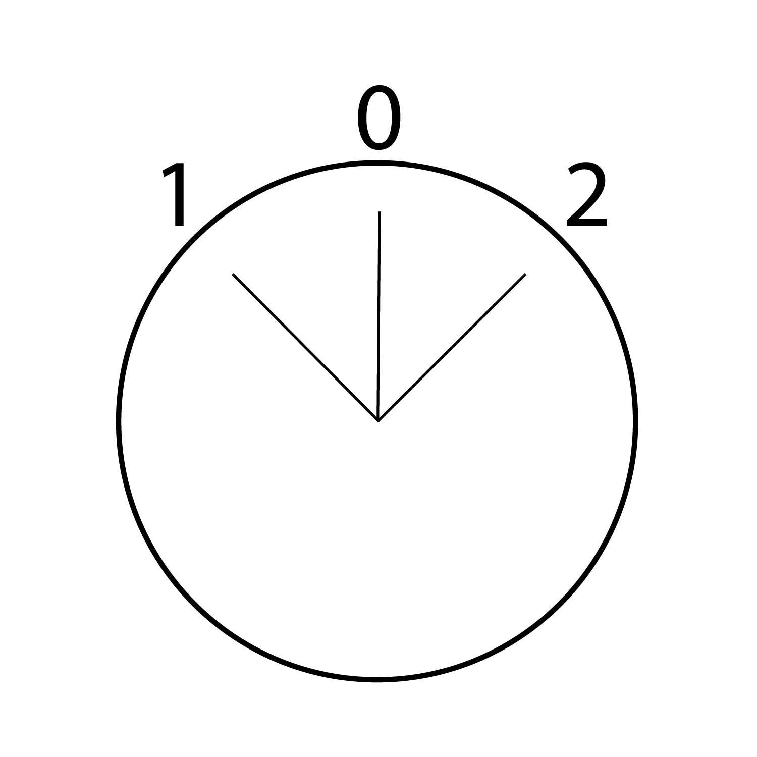 Eine Uhr mit drei Ziffern: 0, 1 und 2. Die Stunden- und Minutenzeiger zeigen auf 0 und sind in Form eines Friedenssymbols gestaltet.